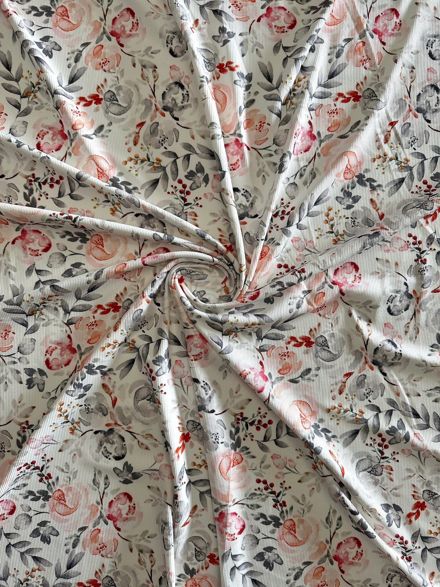 Amaya Floral in White on Mini Rib Knit Fabric Sold by the 1/4 yard