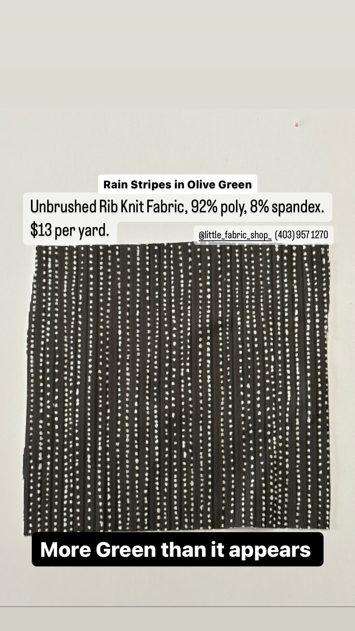 Rain Stripes in Olive Green on Unbrushed Rib Knit Fabric Sold by the 1/4 yard