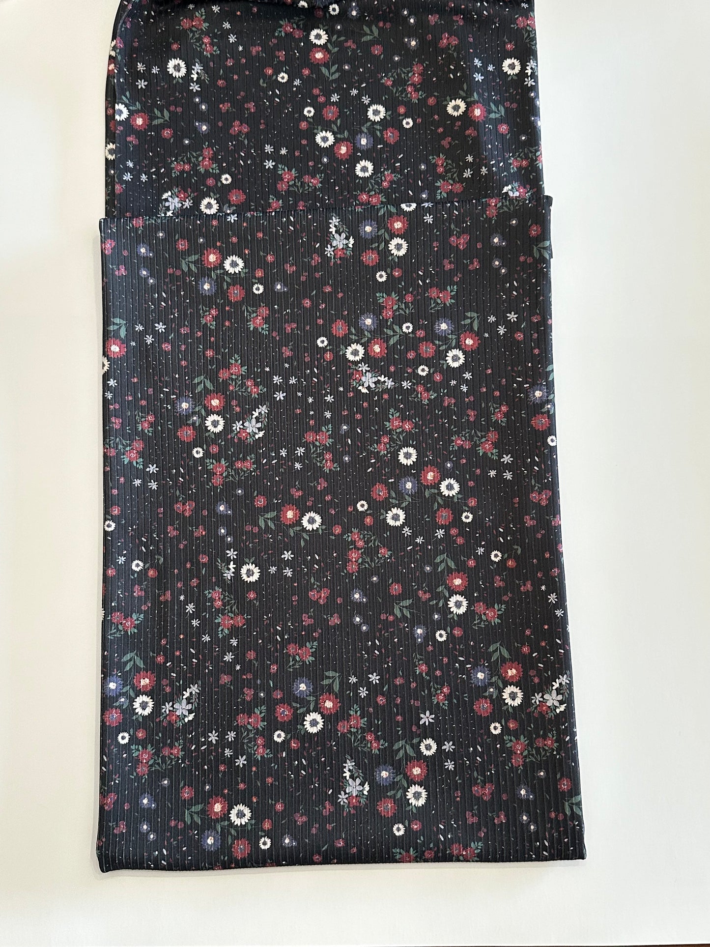 Yara Floral in Black on Unbrushed Rib Knit Fabric Sold by the 1/4 yard