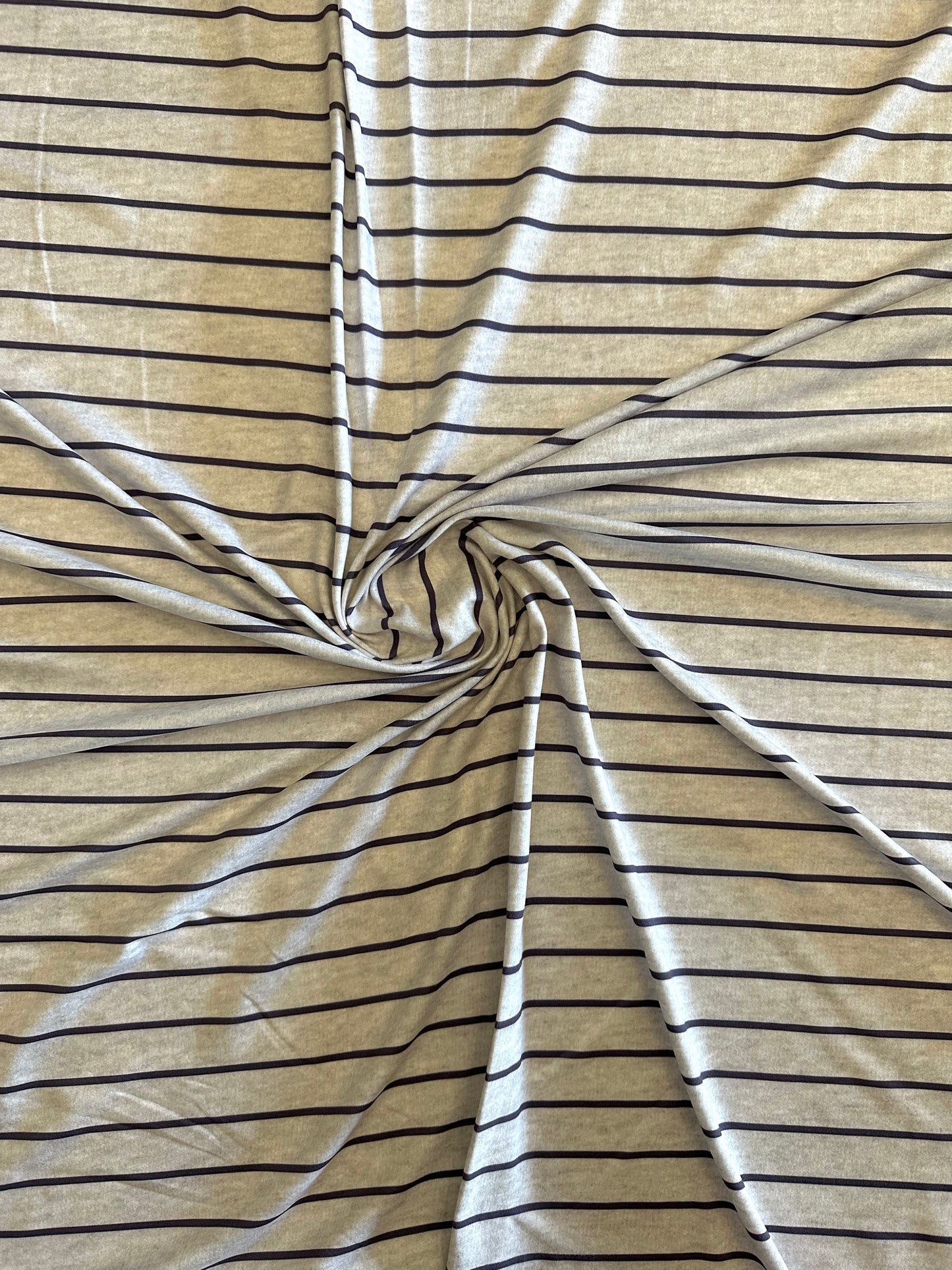 FLAW notice. Indigo Stripes in Heathered Oatmeal with Dusty Purple Stripes on Double Brushed Poly Knit Fabric Sold by the 1/4 yard