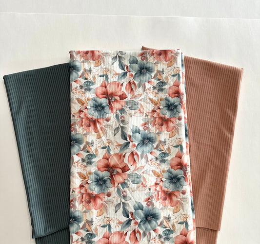 Gentry Floral on Unbrushed Rib Knit Fabric Sold by the 1/4 yard
