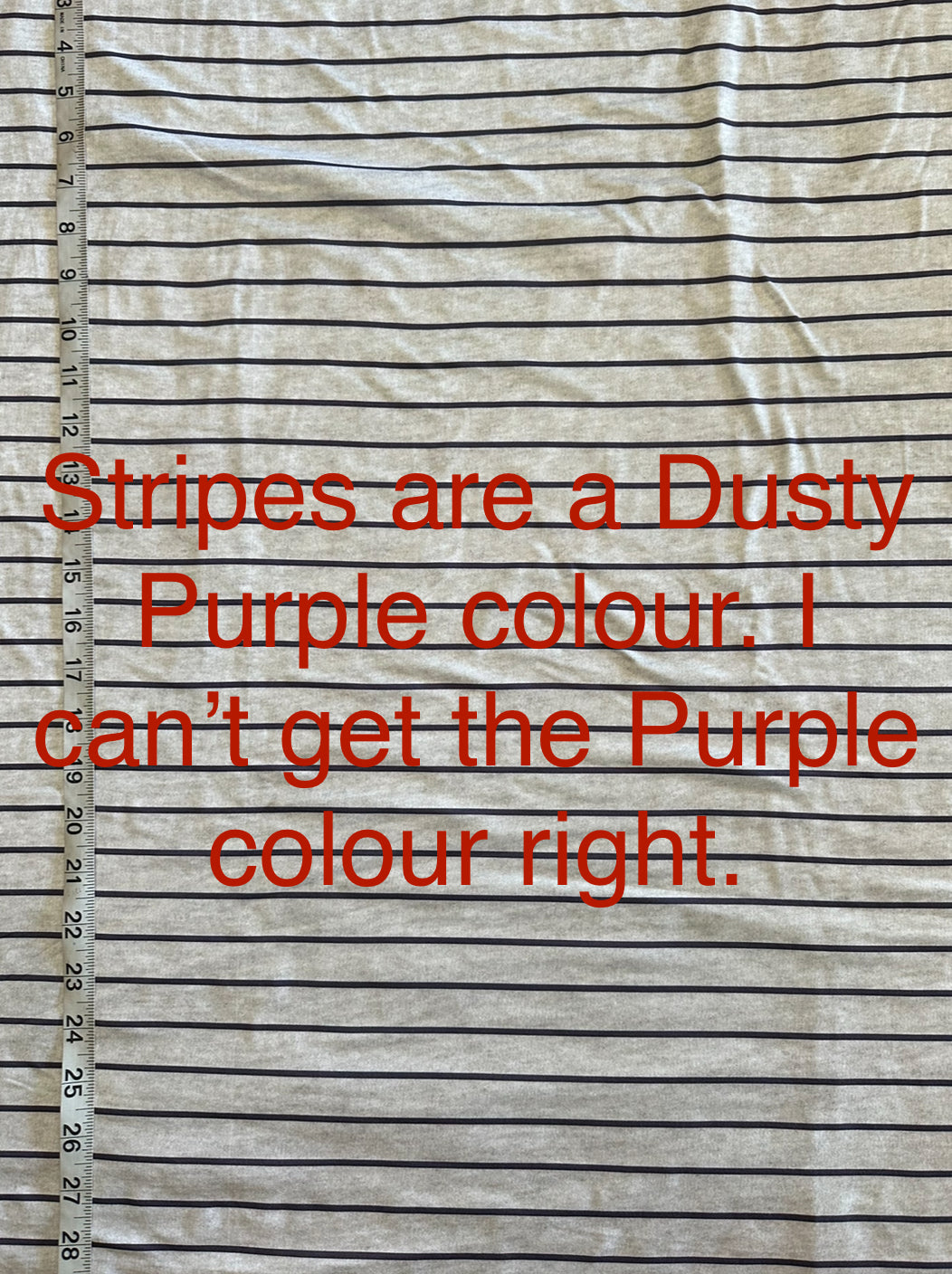 FLAW notice. Indigo Stripes in Heathered Oatmeal with Dusty Purple Stripes on Double Brushed Poly Knit Fabric Sold by the 1/4 yard