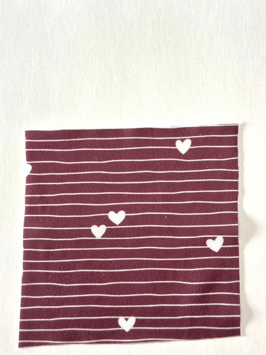 Line Hearts in Burgundy on Imitation Cotton Jersey Knit Fabric Sold by the 1/4 yard