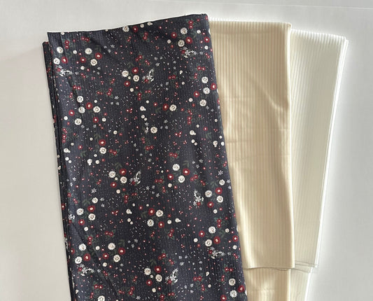 Yara Floral in Navy on Unbrushed Rib Knit Fabric Sold by the 1/4 yard