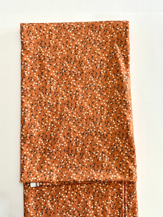 Naomi Floral in Orange Rust on Unbrushed Rib Knit Fabric Sold by the 1/4 yard