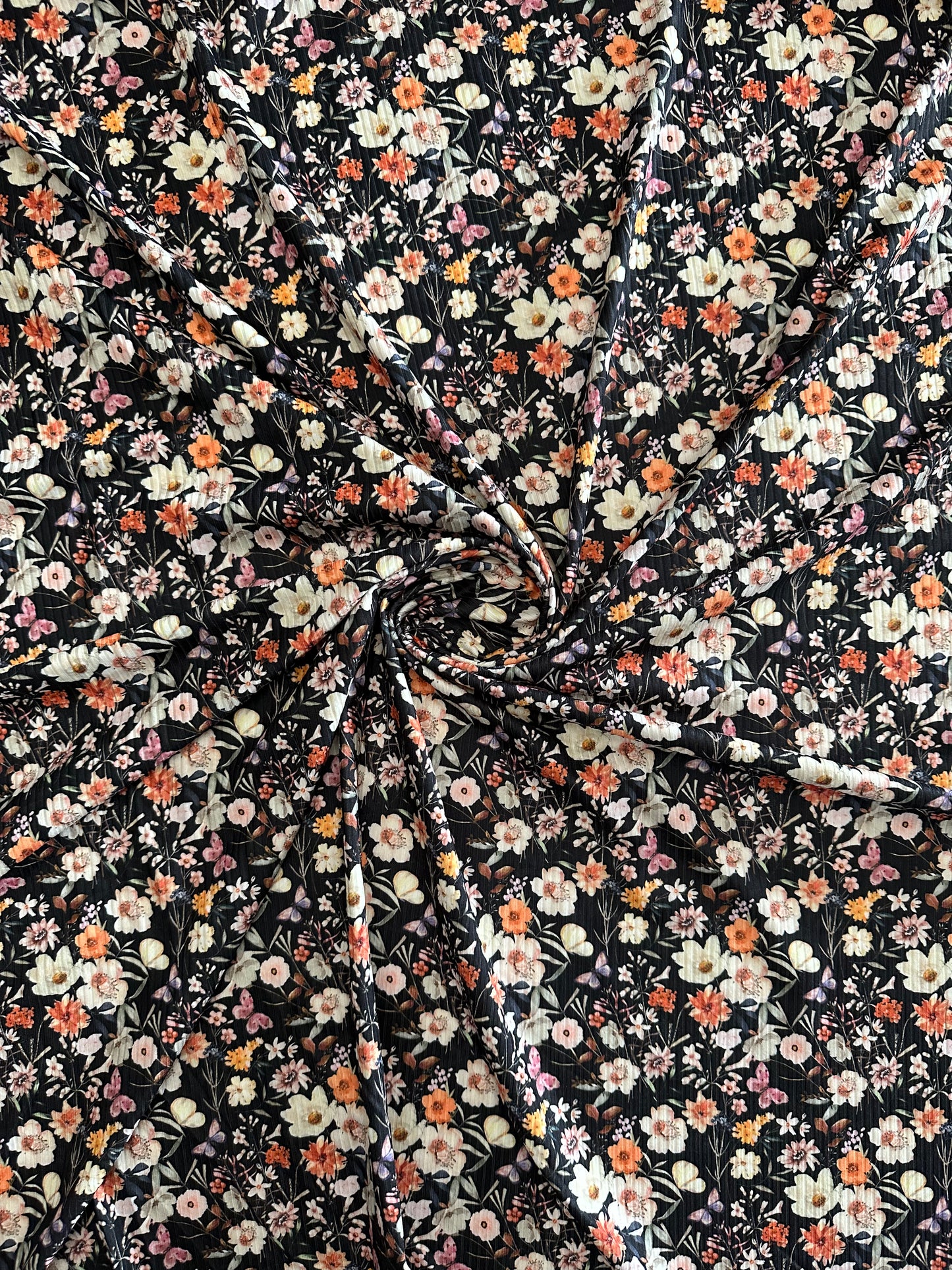 Claire Floral in Black on Brushed Rib Knit Fabric Sold by the 1/4 yard
