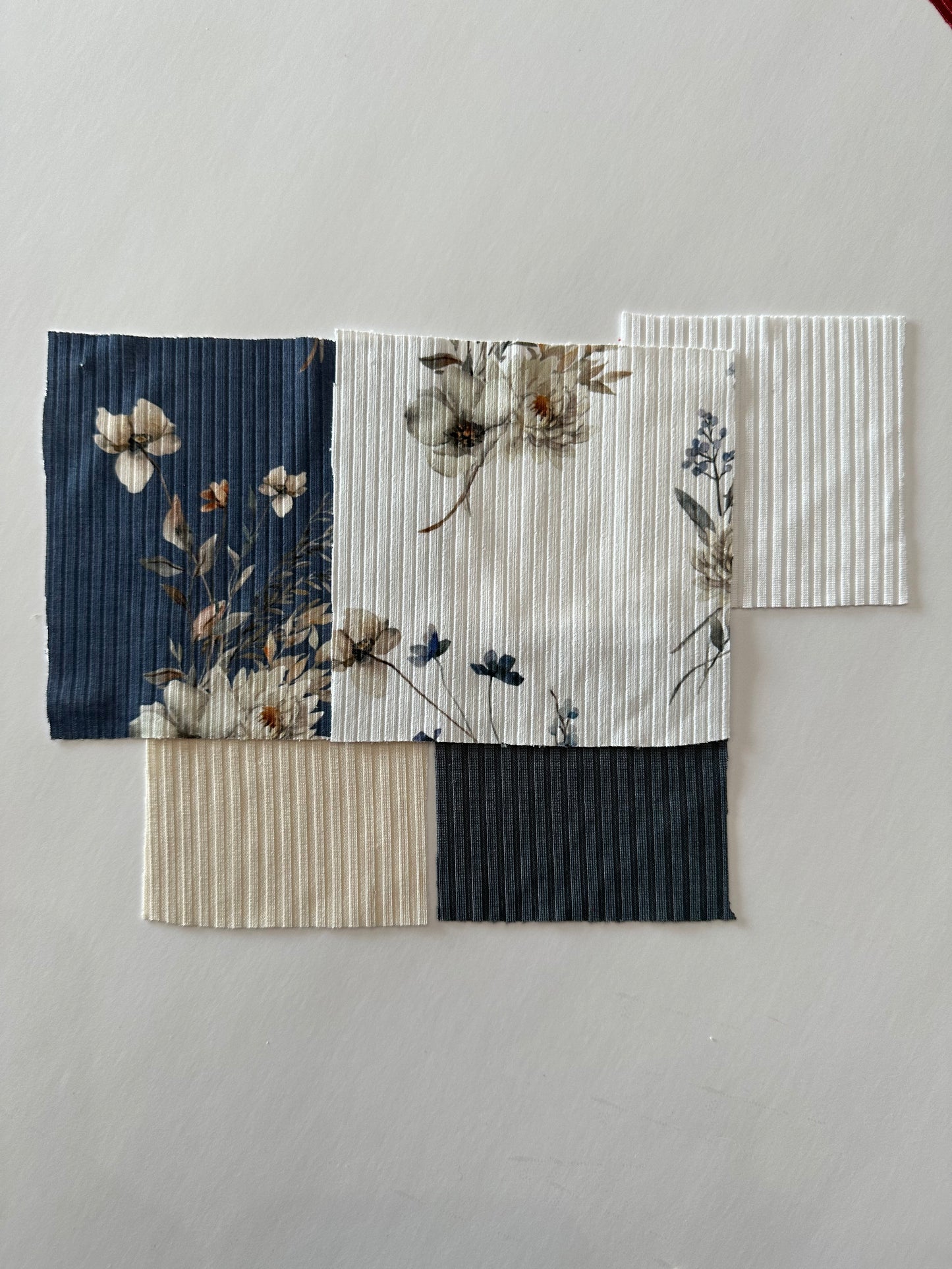 Pre-Order Shauna Floral in Chambray Blue on Unbrushed Rib Knit Fabric Sold by the 1/4 yard