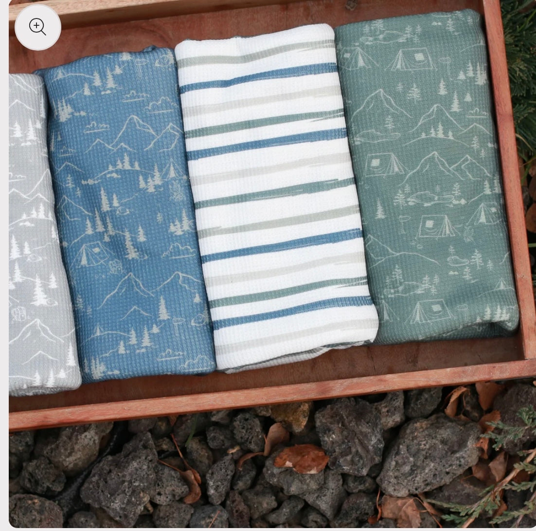 Pre-Order Camping Print in Stone on Brushed Waffle Knit Fabric Sold by the 1/4 yard