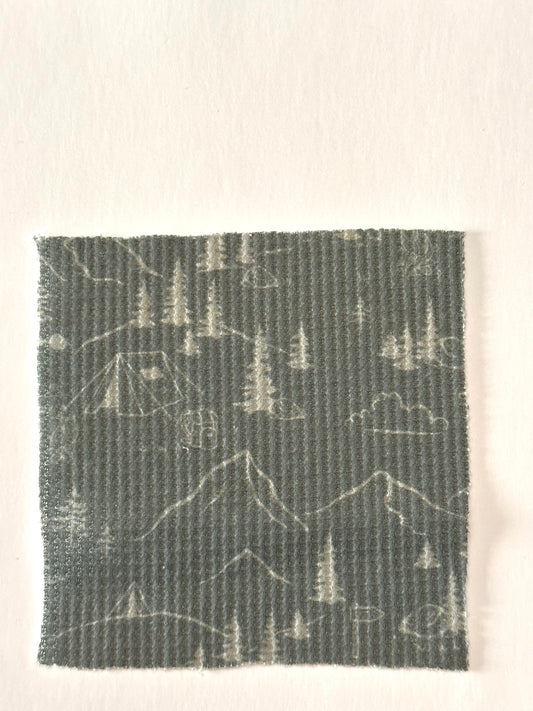 Camping Print in Olive on Brushed Waffle Knit Fabric Sold by the 1/4 yard