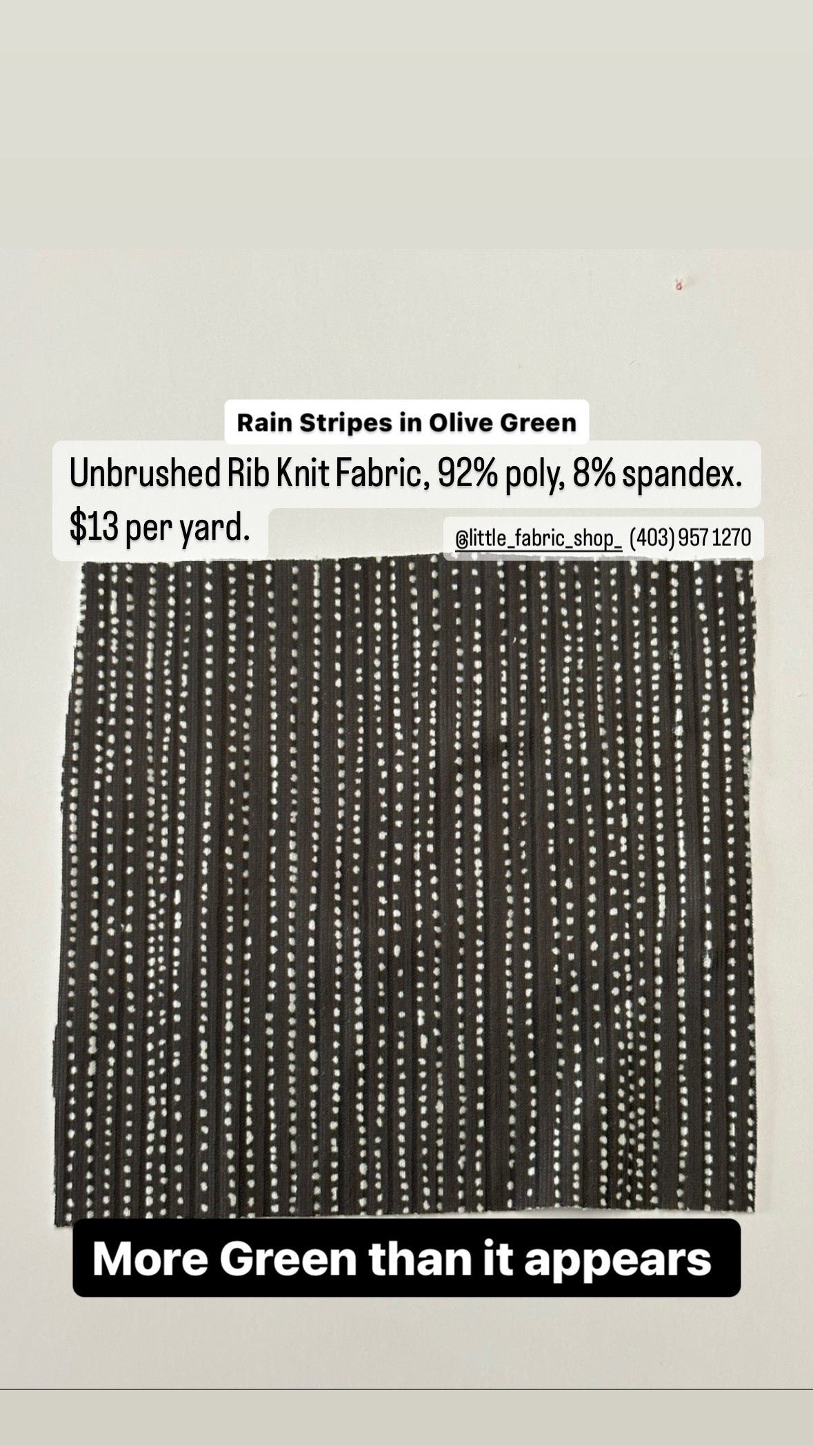 Pre-Order Rain Stripes in Olive Green on Unbrushed Rib Knit Fabric Sold by the 1/4 yard