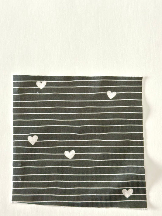 Line Hearts in Olive on Imitation Cotton Jersey Knit Fabric Sold by the 1/4 yard