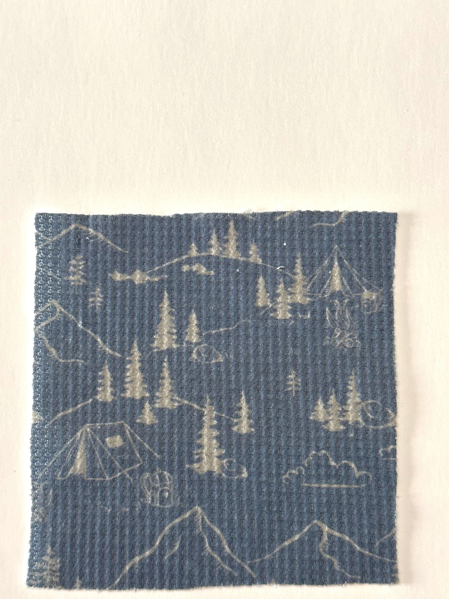 Pre-Order Camping Print in Navy on Brushed Waffle Knit Fabric Sold by the 1/4 yard