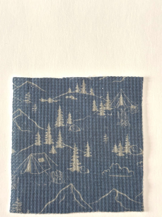 Camping Print in Navy on Brushed Waffle Knit Fabric Sold by the 1/4 yard