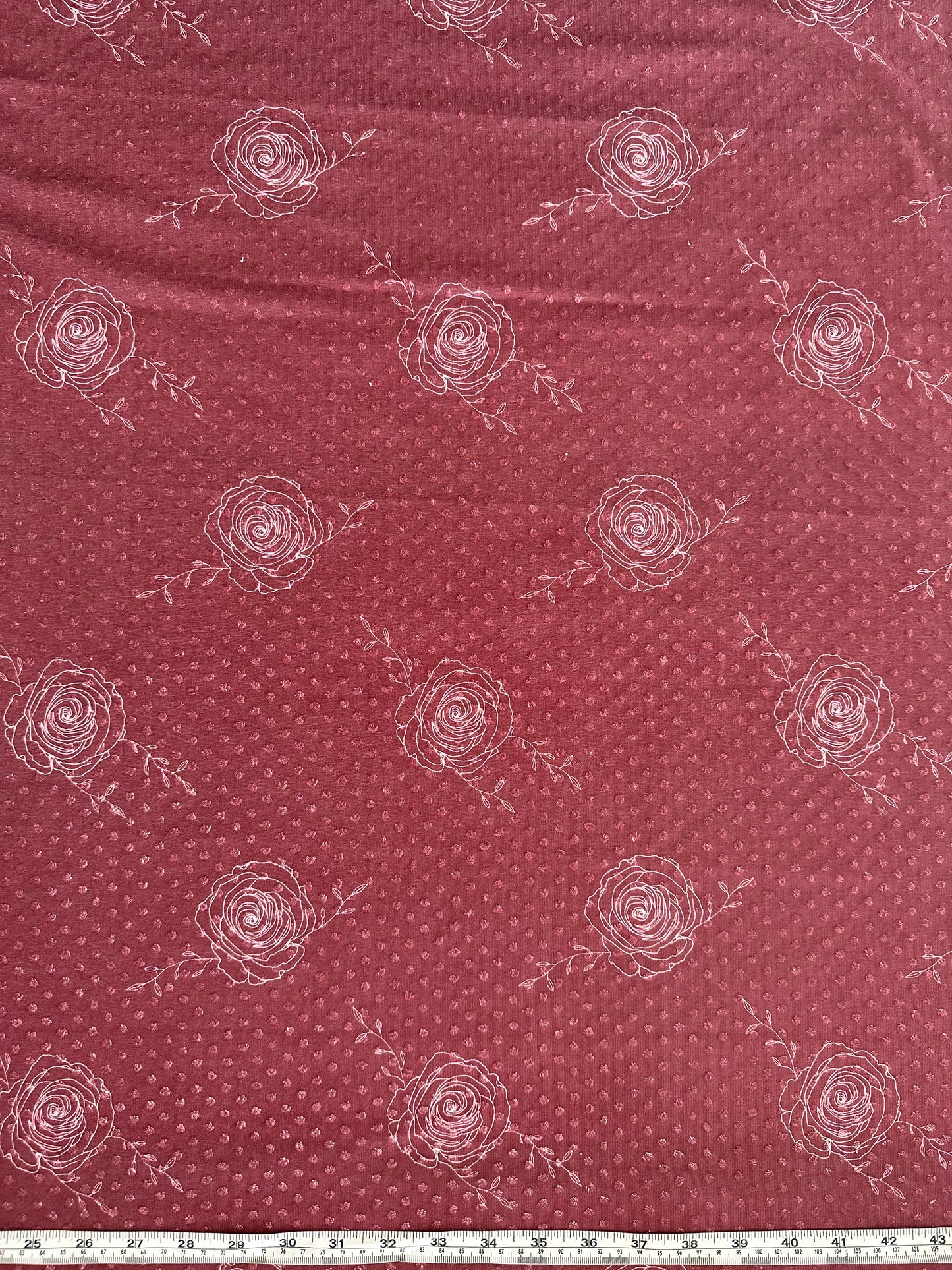 Simple Rose in Burgundy Red on Swiss Dot Knit Fabric Sold by the 1/4 yard