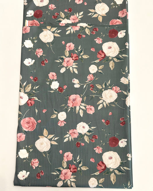 Roxie Floral in Olive on Unbrushed Rib Knit Fabric Sold by the 1/4 yard