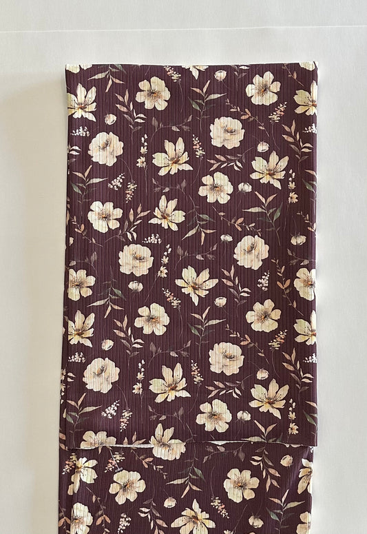 Mellie Floral in Burgundy on Unbrushed Rib Knit Fabric Sold by the 1/4 yard