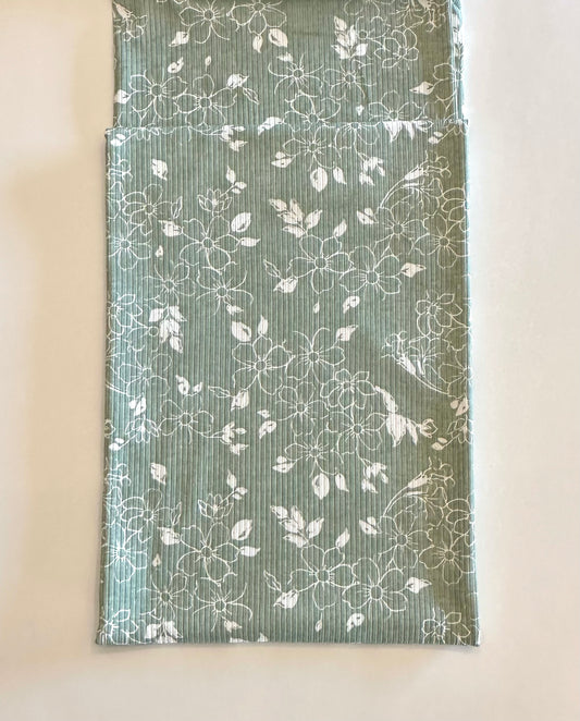 Joanne Line Floral in Smoke Green on Unbrushed Rib Knit Fabric Sold by the 1/4 yard