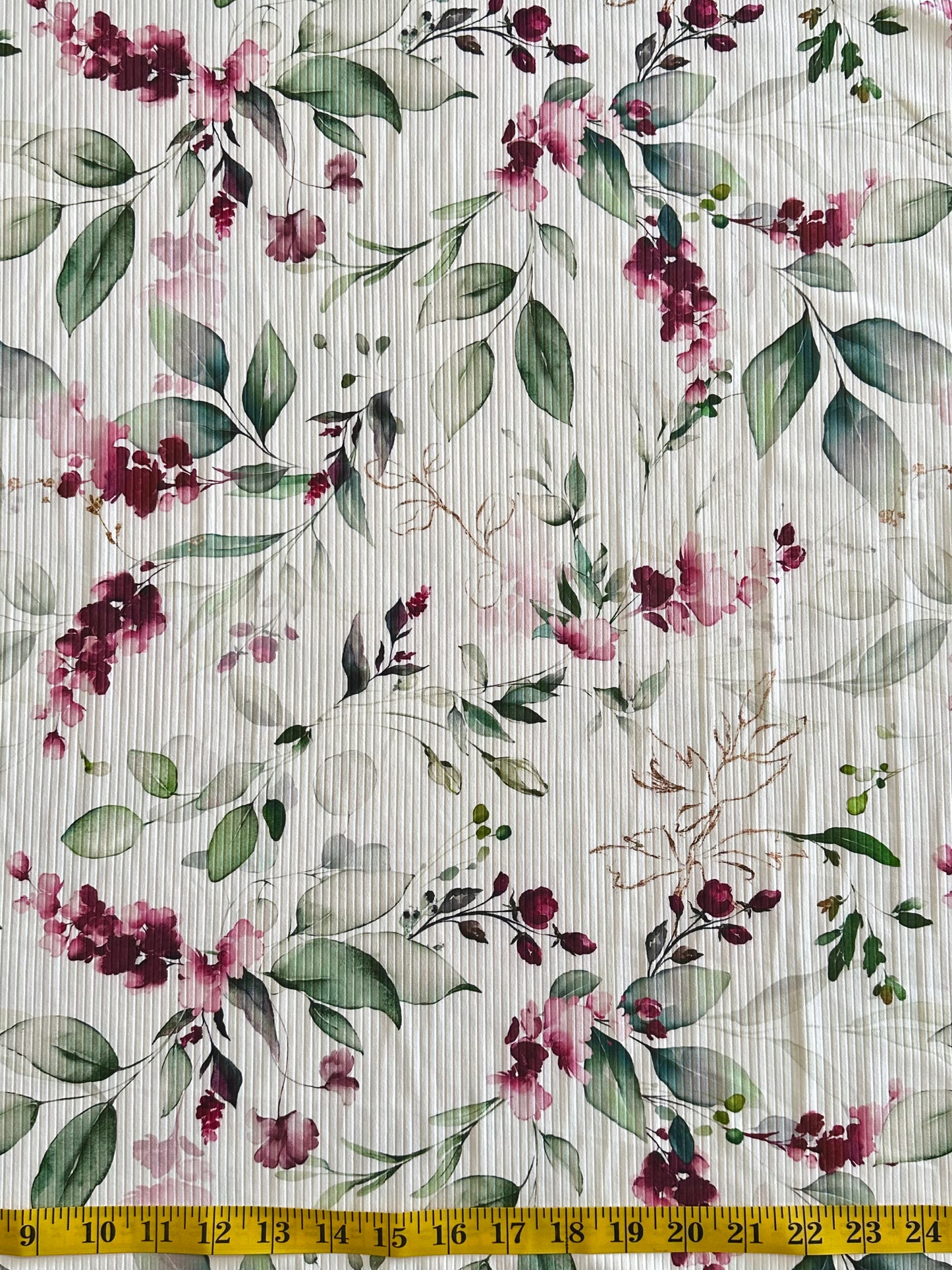 Suzanne Floral in Burgundy on Unbrushed Rib Knit Fabric Sold by the 1/4 yard