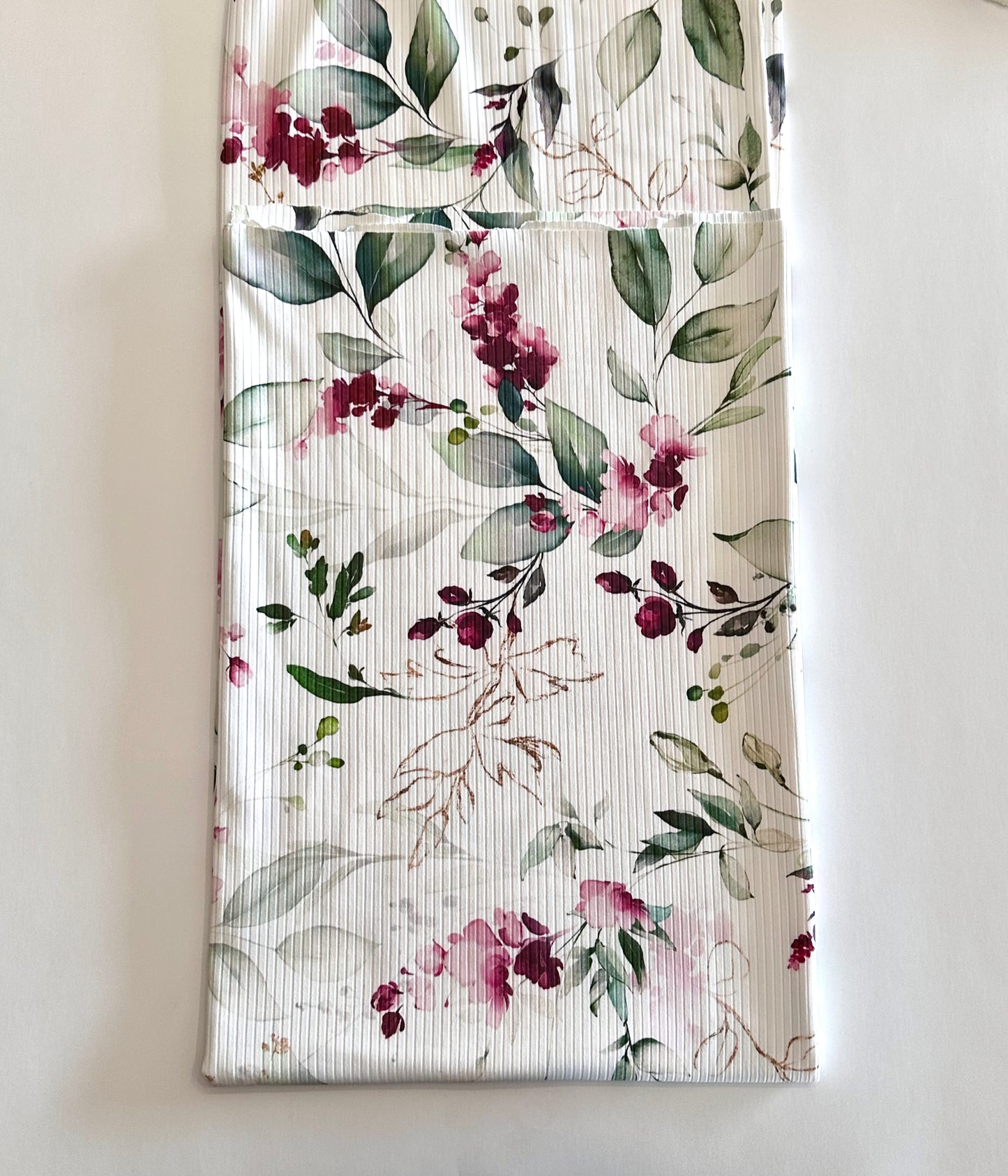 Suzanne Floral in Burgundy on Unbrushed Rib Knit Fabric Sold by the 1/4 yard