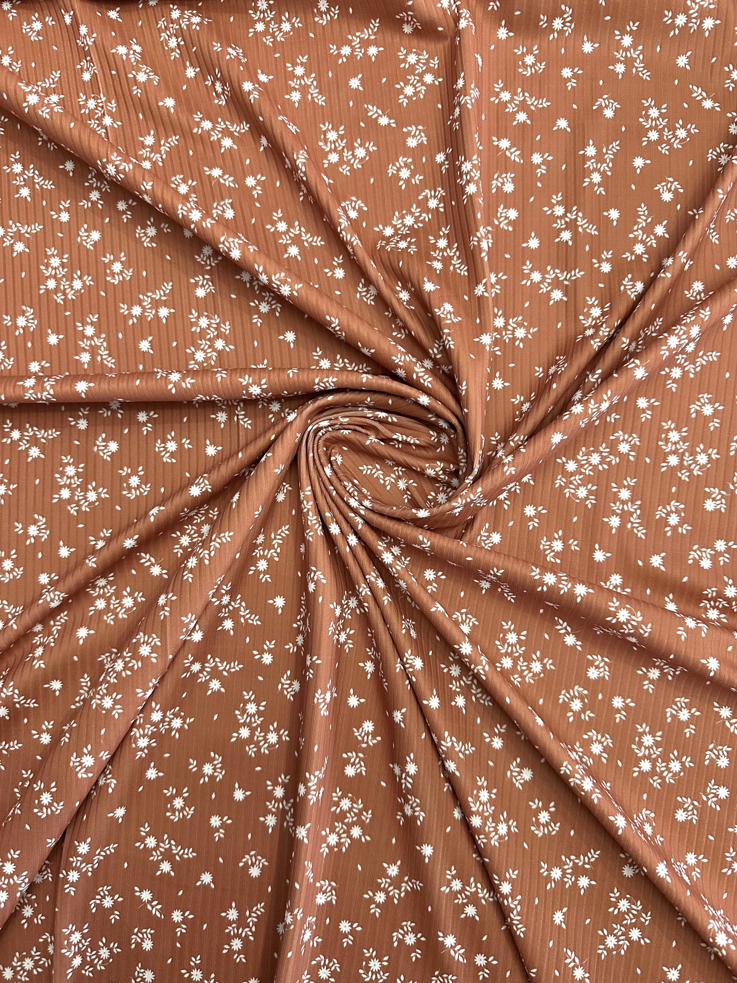 Lacy Floral in Copper Rust on Unbrushed Rib Knit Fabric Sold by the 1/4 yard