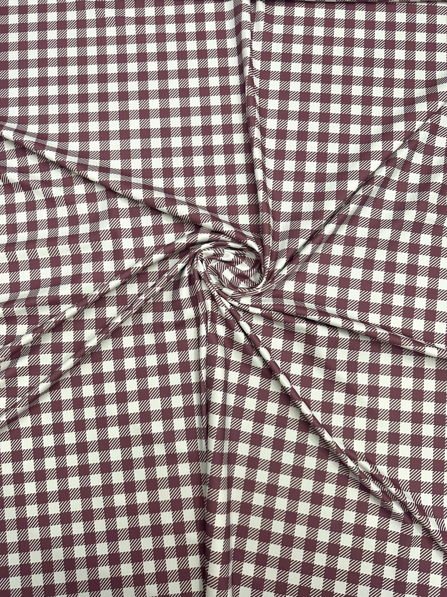 Gingham Plaid in Wine on Mini Rib Knit Fabric Sold by the 1/4 yard