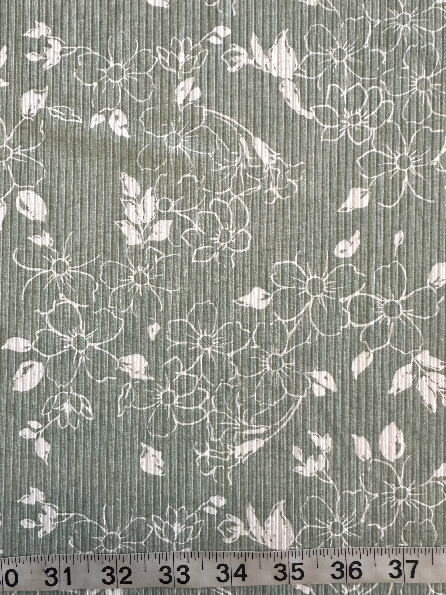 Joanne Line Floral in Smoke Green on Unbrushed Rib Knit Fabric Sold by the 1/4 yard