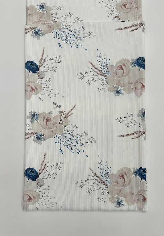 The Christmas Rose in Blue on Unbrushed Rib Knit Fabric Sold by the 1/4 yard
