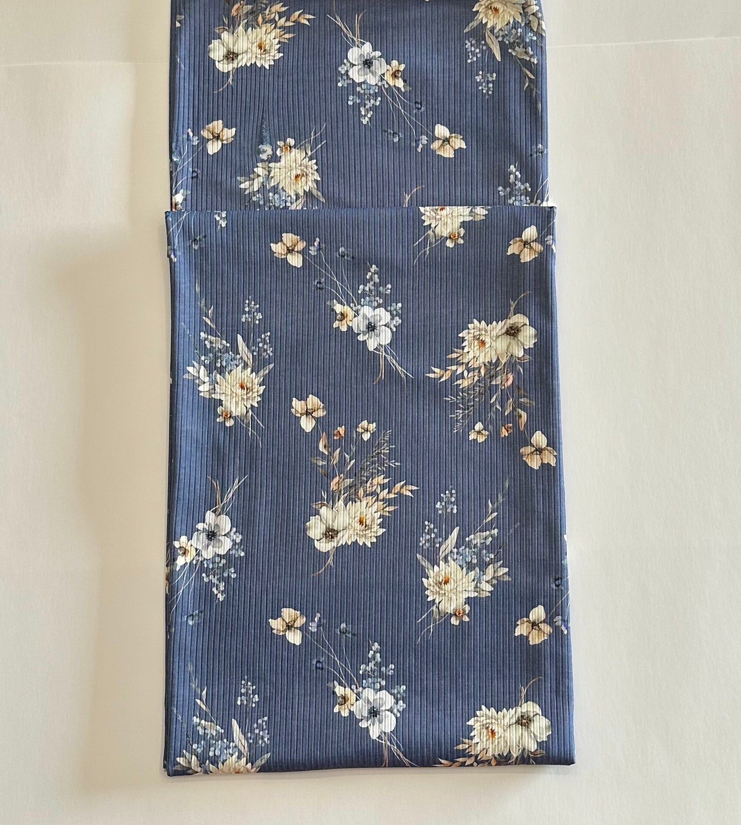 Shauna Floral in Chambray Blue on Unbrushed Rib Knit Fabric Sold by the 1/4 yard