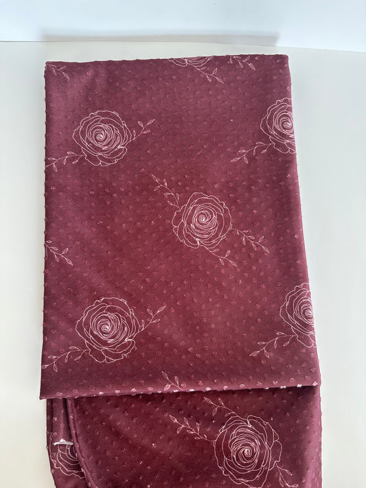 Simple Rose in Burgundy Red on Swiss Dot Knit Fabric Sold by the 1/4 yard