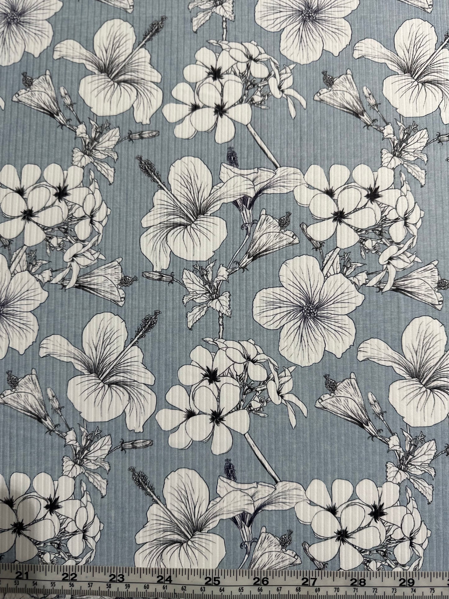 Tropical Jill Floral in Blue on Unbrushed Rib Knit Fabric Sold by the 1/4 yard