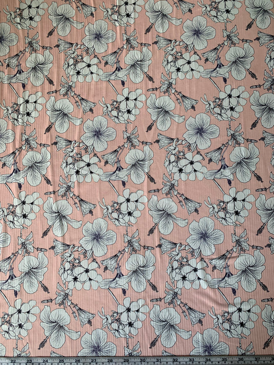 Tropical Jill Floral in Peach on Unbrushed Rib Knit Fabric Sold by the 1/4 yard